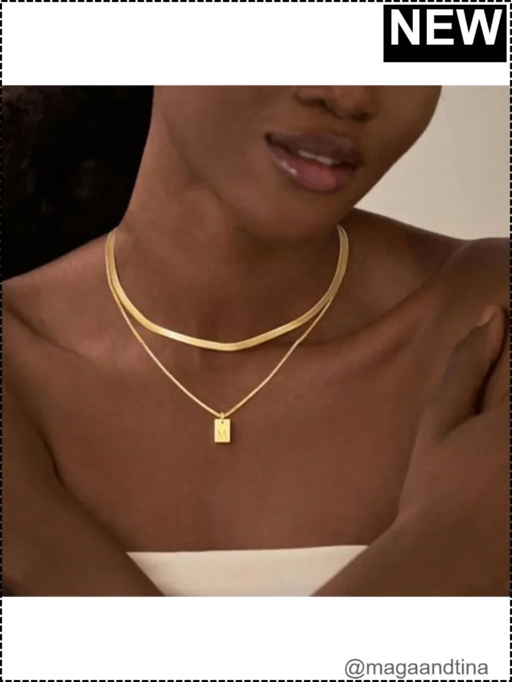14K Gold Plated Layered Initial Necklace Set with Herringbone Chain Women